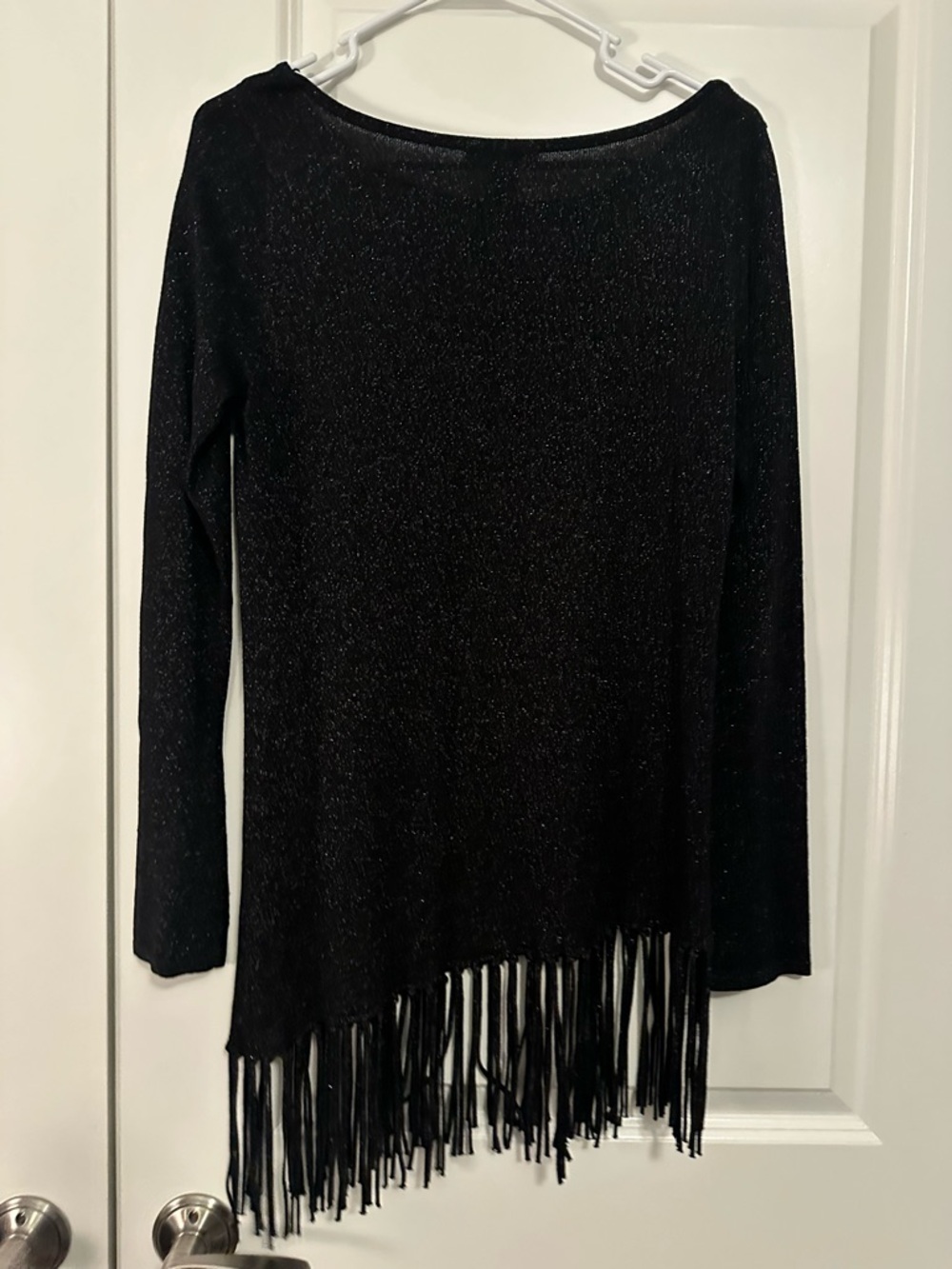 White House Black Market Black Shimmery Knit Top with Fringe Detail